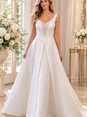 Classic White Satin A-Line Wedding Dress with Embellished Inset